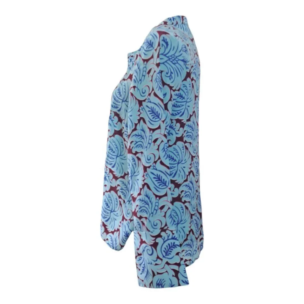 J.Crew Women's Printed Blue Silk Long Sleeves Tunic Top Side Slit Sz Small